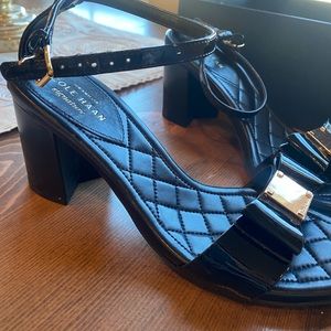 Patent Leather Cole Hana sandal with gold bow- perfect for holidays